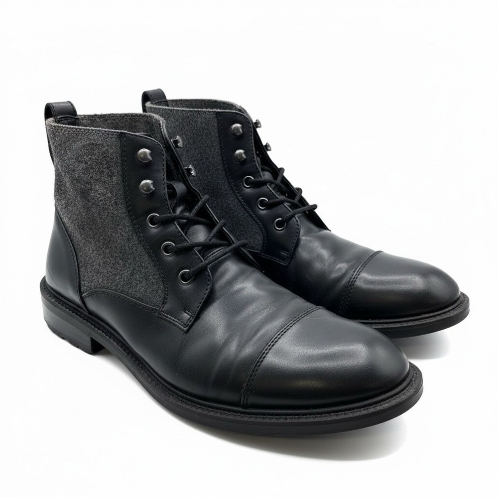 Kenneth Cole Roll cap toe boot in black with a grey felted wool cuff Men's 9.5 M